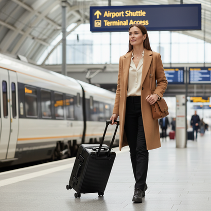Femme descendant du train avec une valise cabine