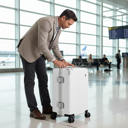Homme cherchant dans une valise blanche à l’aéroport